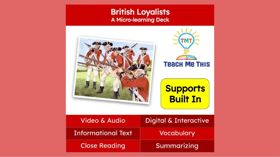 British Loyalists micro-learning deck cover lists video, audio, informational text, vocabulary and summarizing.