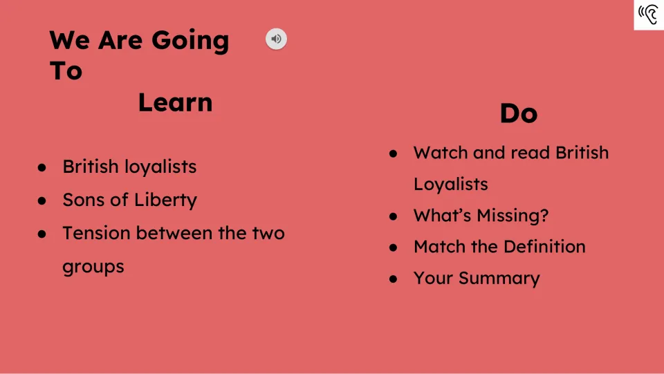 Lesson agenda names loyalists, Sons of Liberty and tensions, followed by watching, reading and vocabulary tasks.