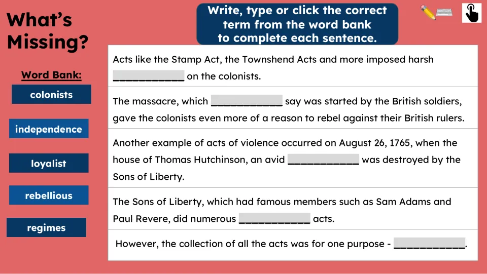 Vocabulary activity asks students to complete five passage sentences using colonists, loyalist and three more terms.