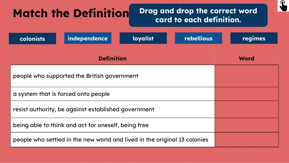 Vocabulary matching asks students to pair five definitions with colonists, independence and three more terms.