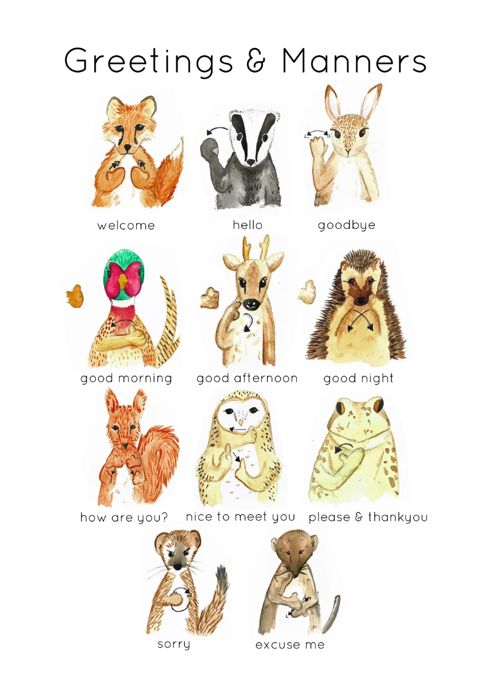 BSL greetings and manners overview: animals show 12 signs, including hello, sorry, please and thank you.