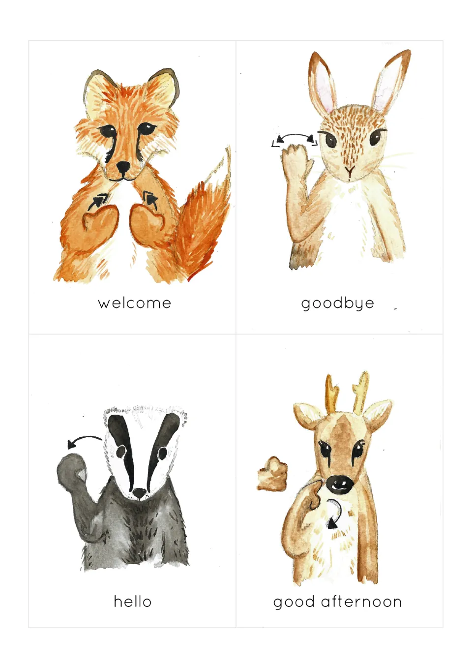 BSL flashcards 1–4: welcome, goodbye, hello and good afternoon, demonstrated by woodland animals.