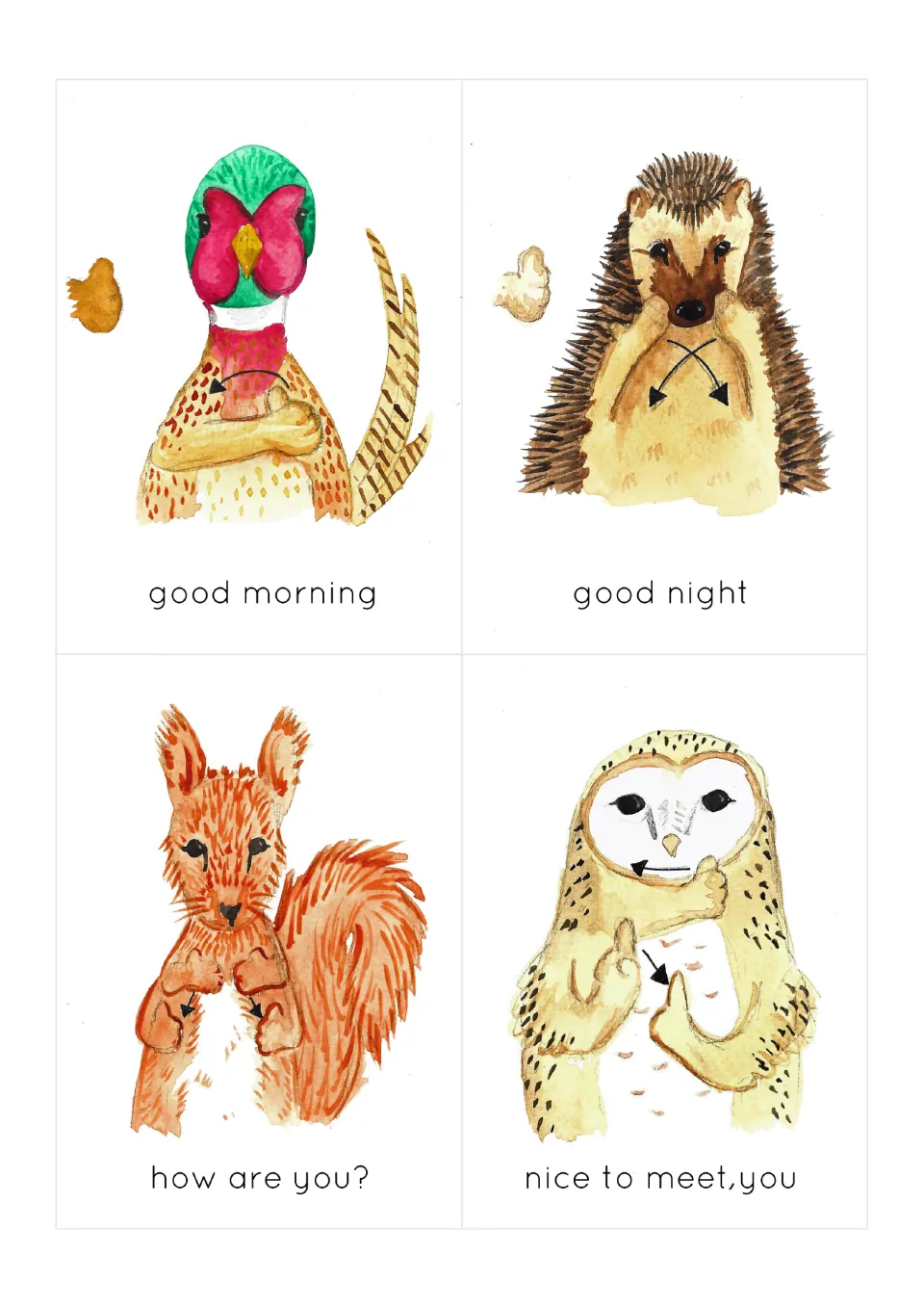 BSL flashcards 5–8: good morning, good night, how are you? and nice to meet you, demonstrated by animals.