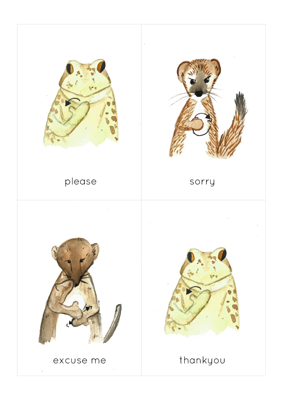 BSL flashcards 9–12: please, sorry, excuse me and thank you, demonstrated by woodland animals.