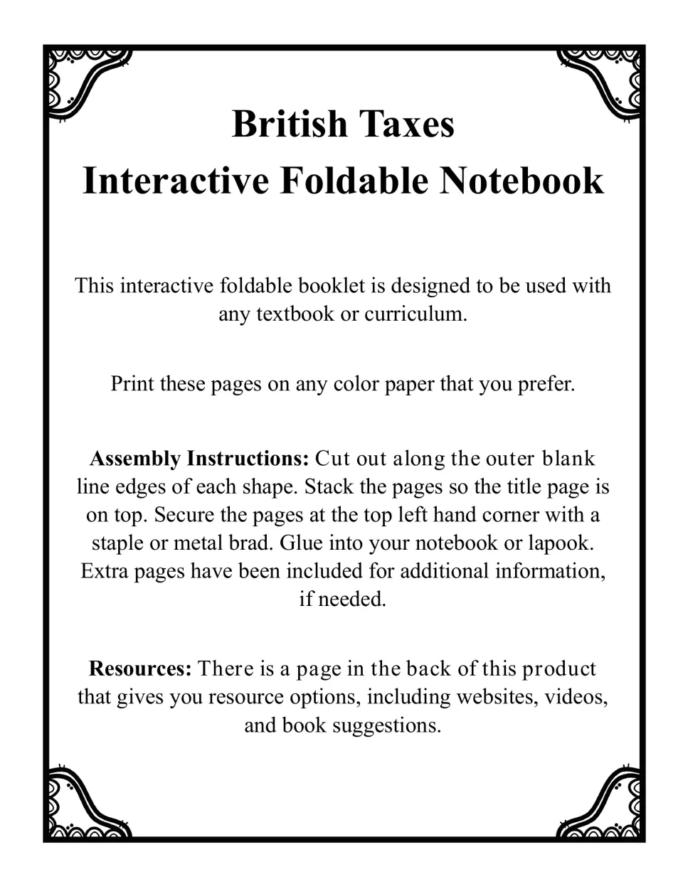 Booklet assembly instructions: cut out, stack, fasten with a staple or brad, and glue into a notebook or lapbook