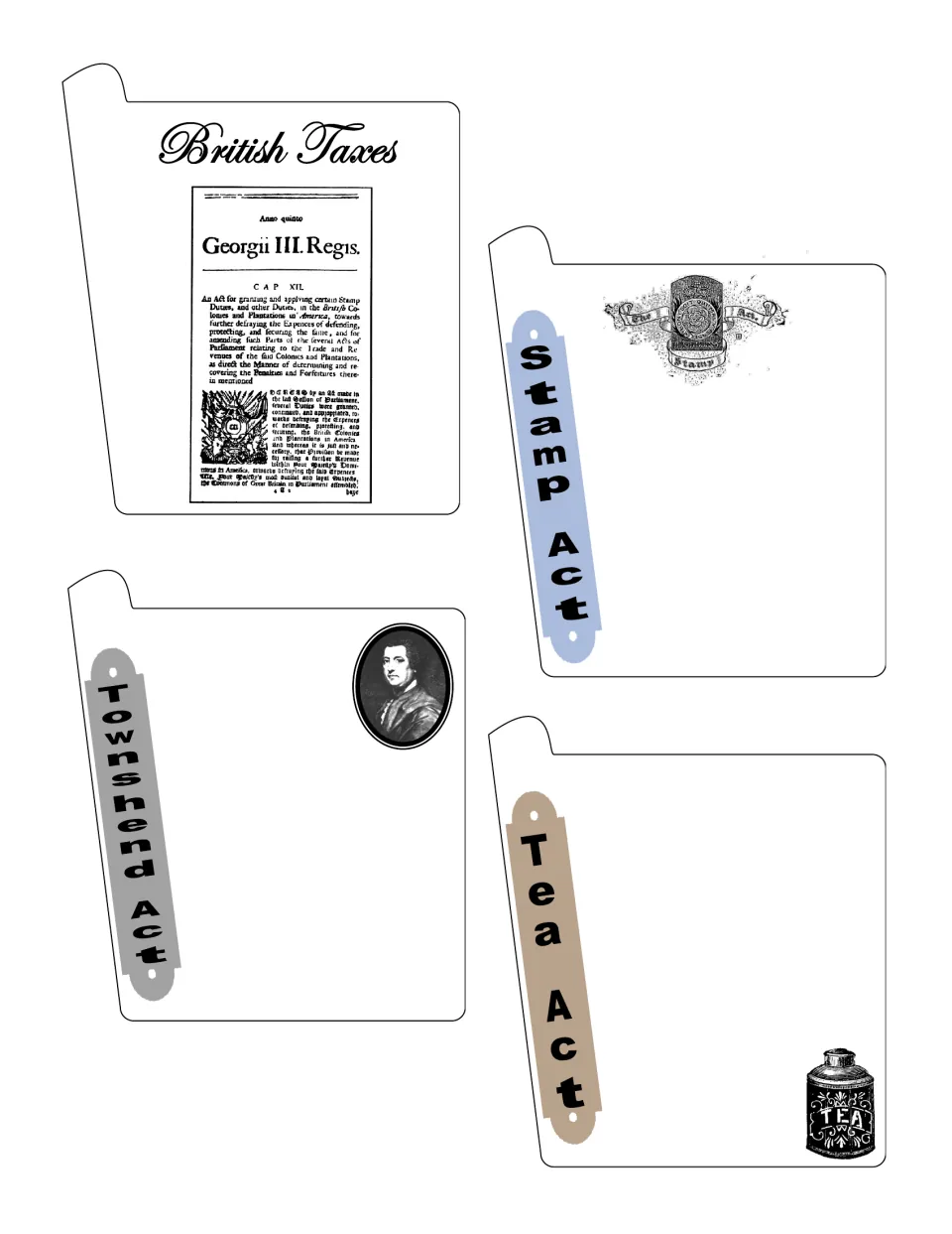 Four cut-out booklet pages: a British taxes title page and pages labeled Stamp Act, Townshend Act, and Tea Act