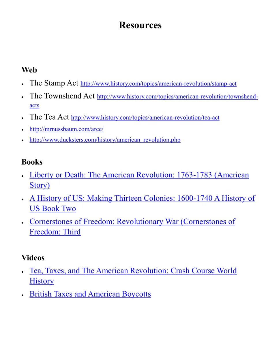 Booklet resource list of websites, books, and videos about British taxes and the American Revolution