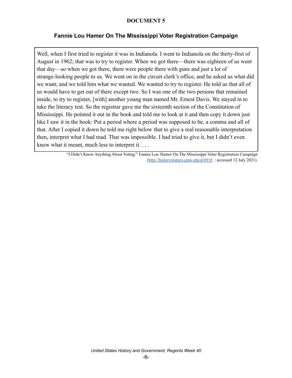Document 5: Fannie Lou Hamer recalls a 1962 Mississippi literacy test when trying to register to vote, for DBQ analysis