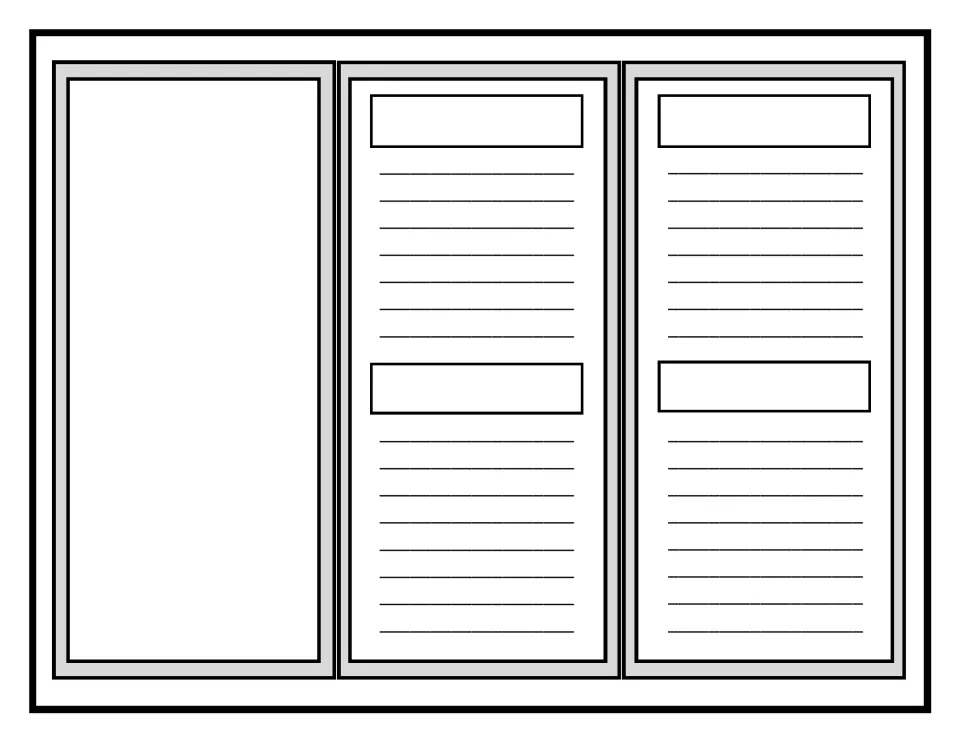 Blank tri-fold research brochure: students draw on a large open panel and write facts under four headings they title