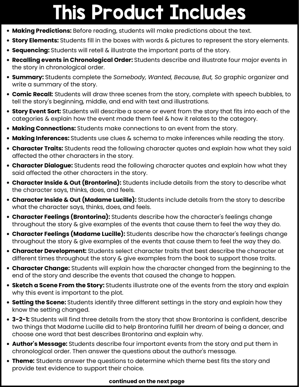 Activity list introduces prediction, retelling, character analysis, author's message, and theme tasks.