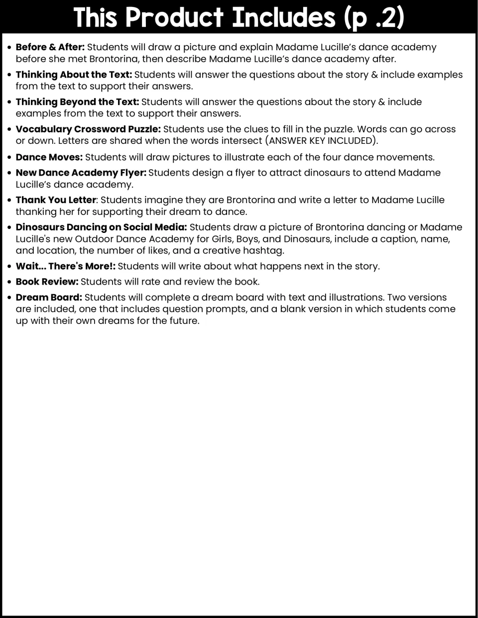Activity list continues with text questions, a vocabulary crossword, dance tasks, letters, and dream boards.