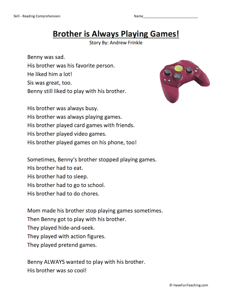 Brother Is Always Playing Games - Reading Comprehension Worksheet teaching resource preview