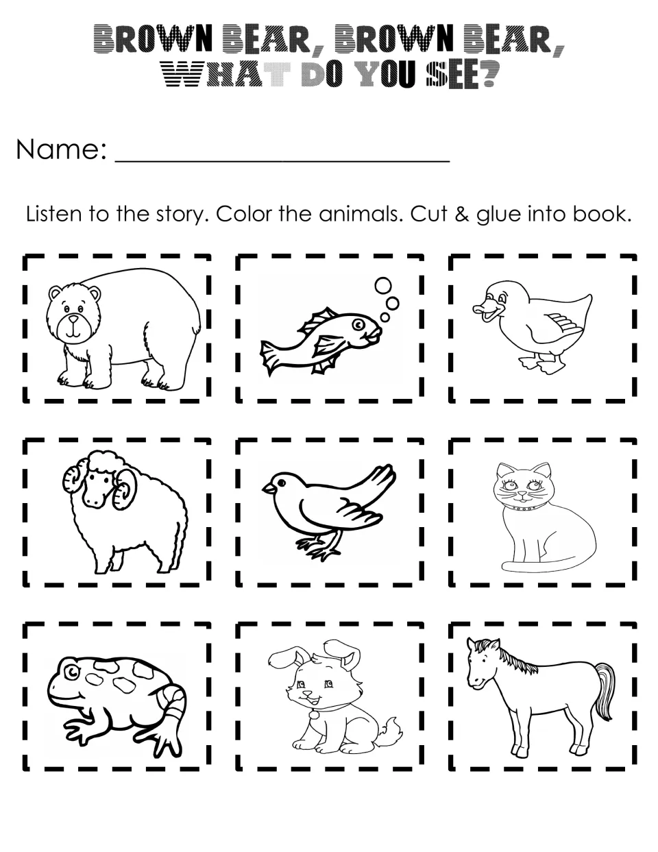 Story animal cards: students colour the bear, fish, duck, sheep, bird, cat, frog, dog and horse, then cut each out