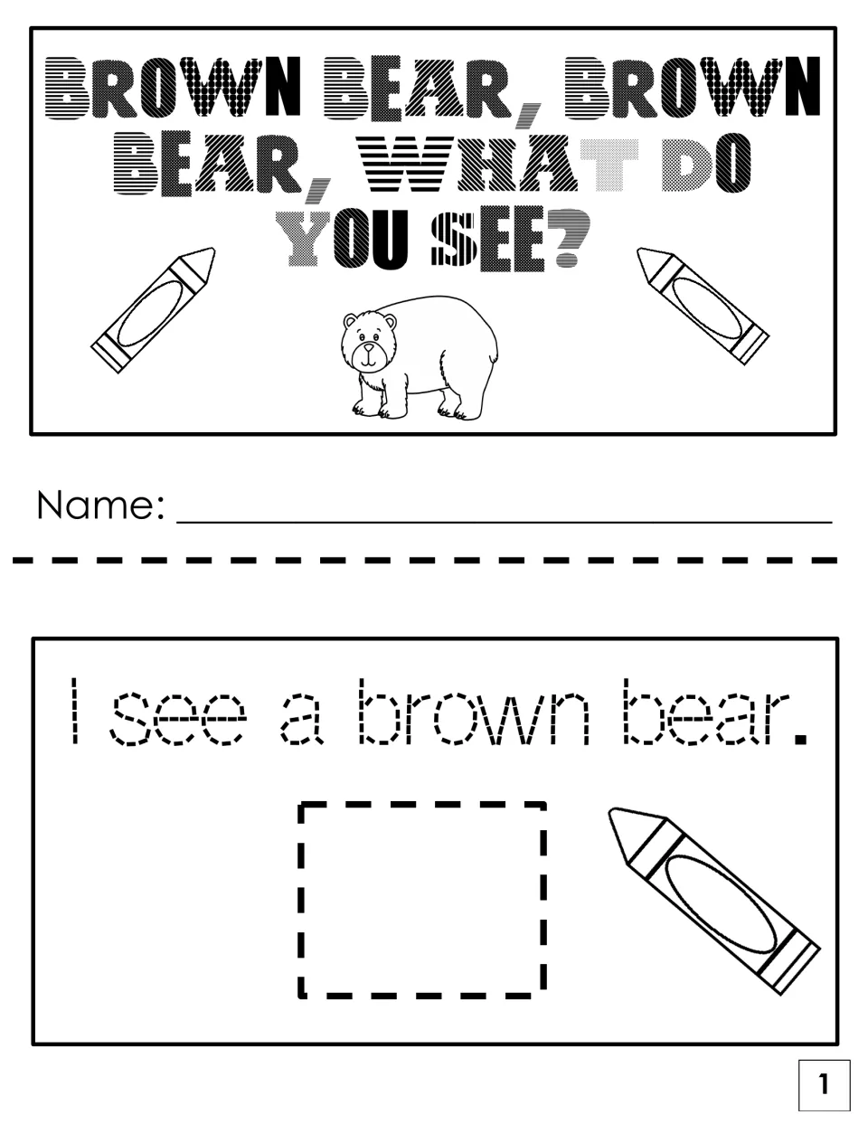 Mini-book title page and page 1: students write their name and trace "I see a brown bear." beside a space for the bear card