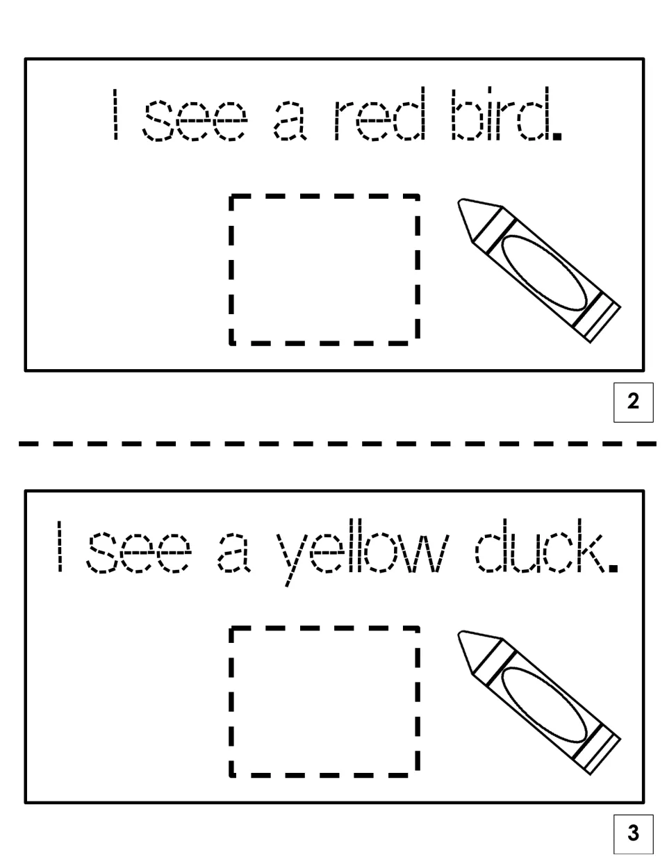 Mini-book pages 2 and 3: students trace "I see a red bird" and "I see a yellow duck," then glue in the matching cards