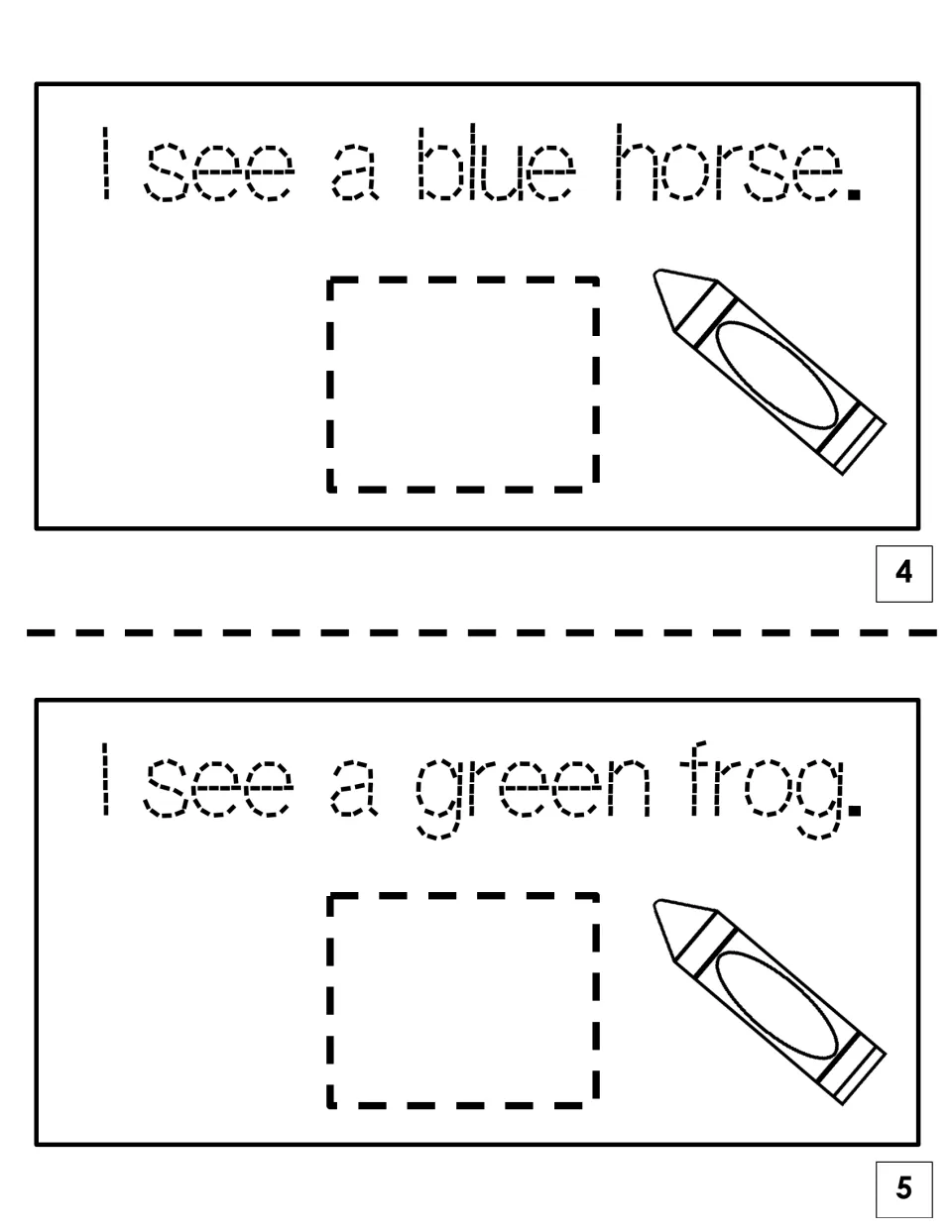 Mini-book pages 4 and 5: students trace "I see a blue horse" and "I see a green frog," then glue each animal card in place