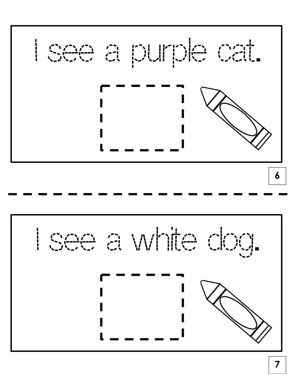 Mini-book pages 6 and 7: students trace "I see a purple cat" and "I see a white dog," pairing each sentence with its card