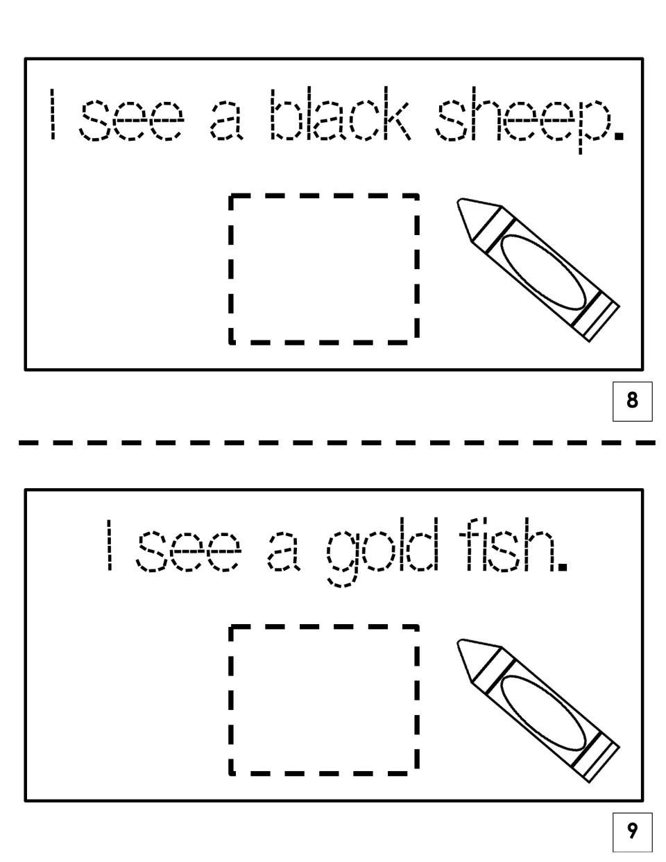 Mini-book pages 8 and 9: students trace "I see a black sheep" and "I see a gold fish," the last two animals in story order