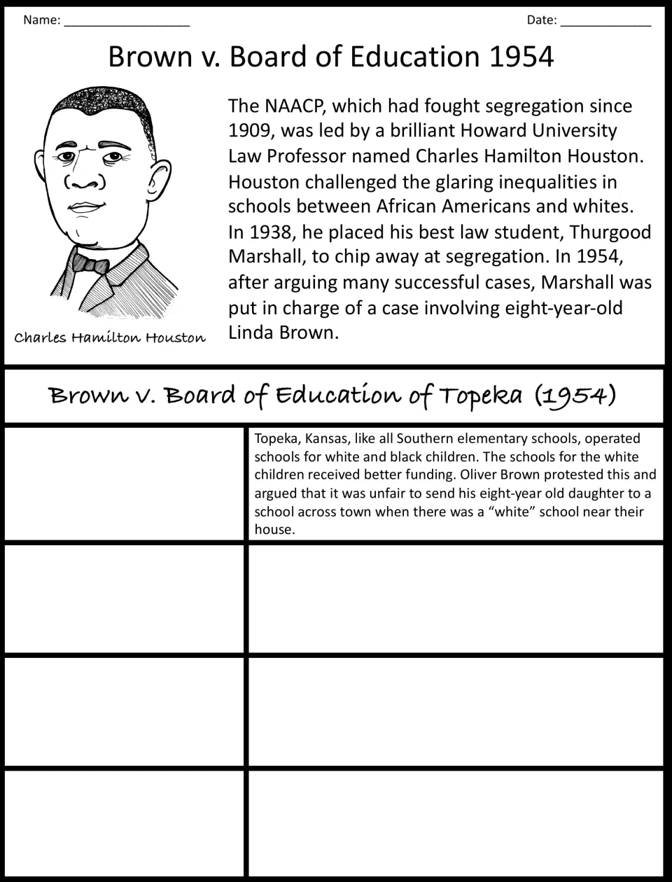 1954 school segregation case: students read about Houston and Linda Brown, then complete the blank case-brief rows