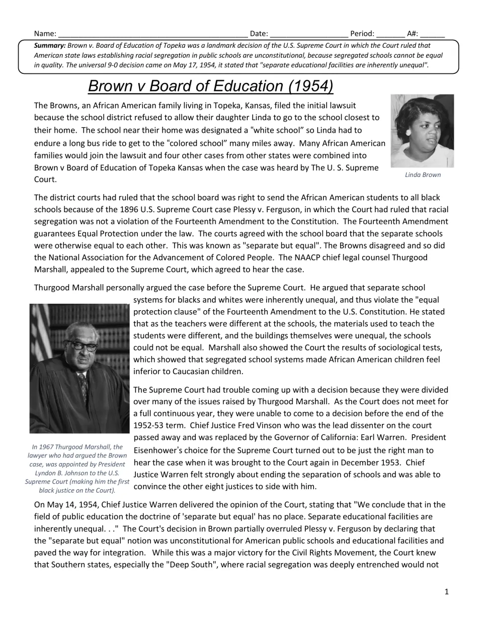 Reading passage opening: the Brown family's lawsuit, Thurgood Marshall's arguments, and the Court's ruling