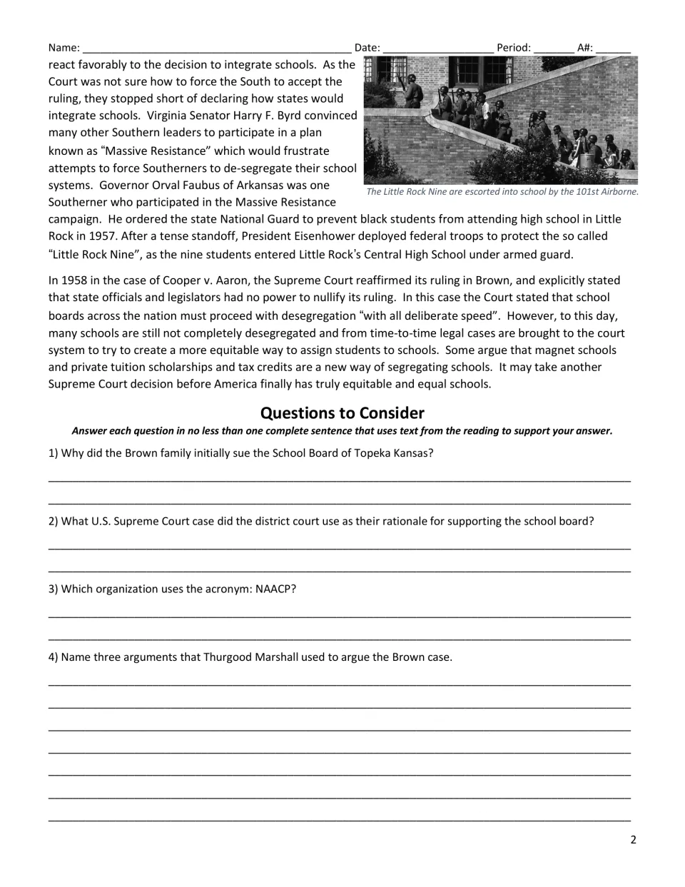 Reading conclusion on school desegregation and the Little Rock Nine, followed by comprehension questions 1–4