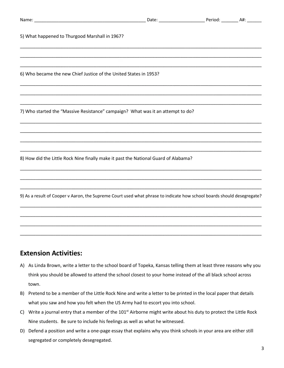 Comprehension questions 5–9 on Marshall and desegregation, plus four extension prompts for letters and essays