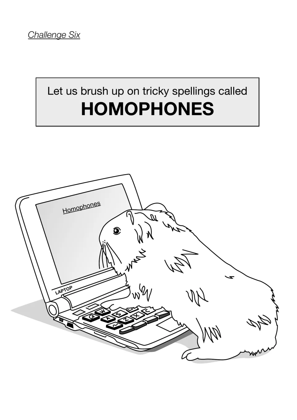 Challenge Six title page introducing homophones as tricky spellings, showing a guinea pig typing on a laptop