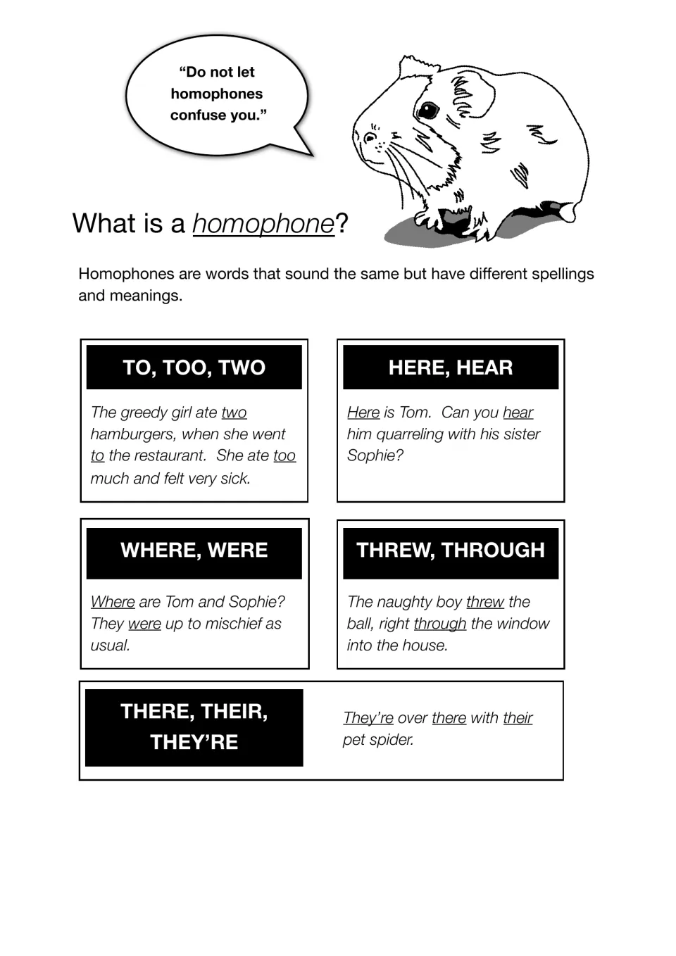 What is a homophone? Definition plus example sentences for to/too/two, here/hear, where/were, threw/through, there/their