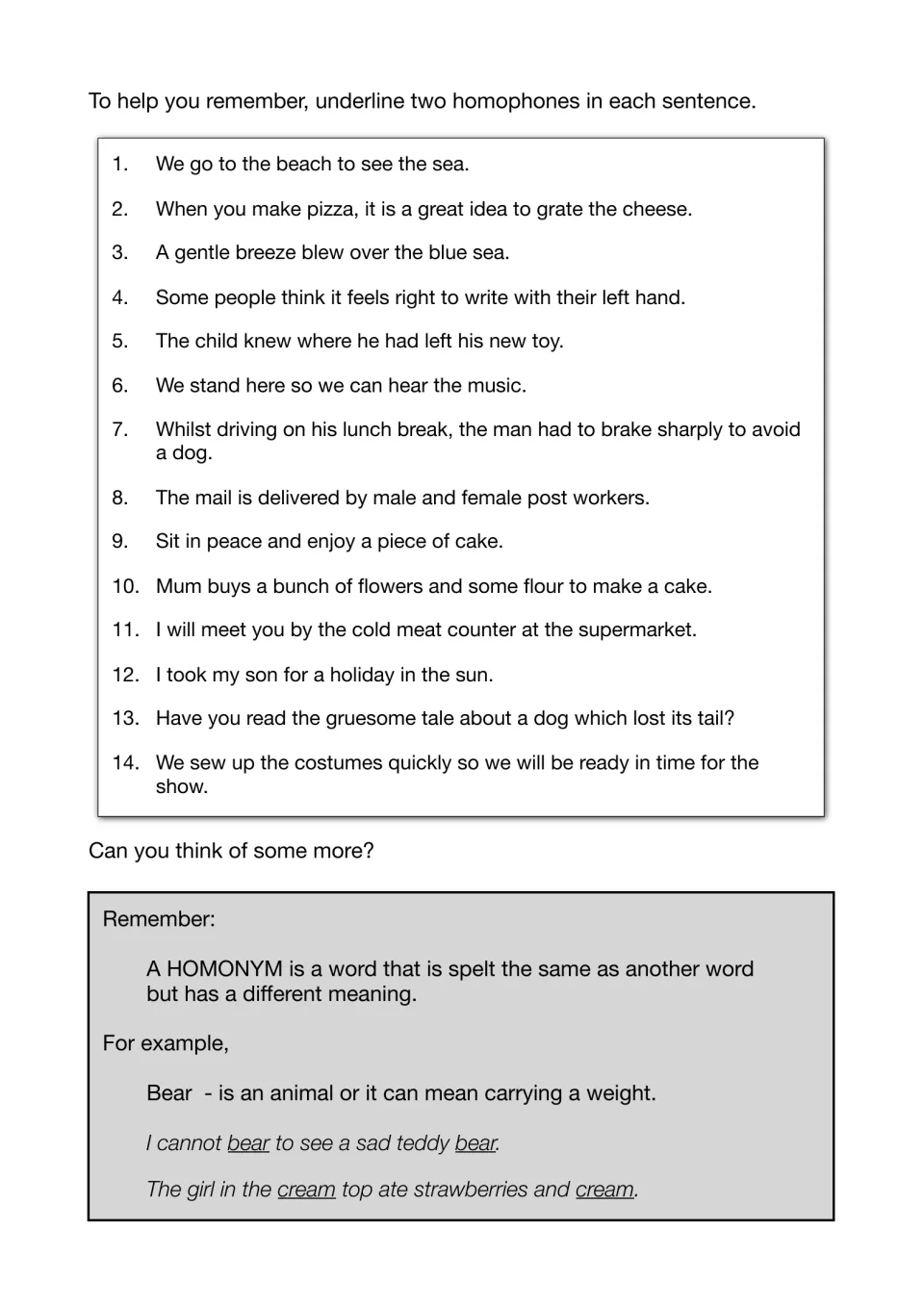 Identifying homophones: students underline the two homophones in 14 sentences, then read a note on homonyms like bear