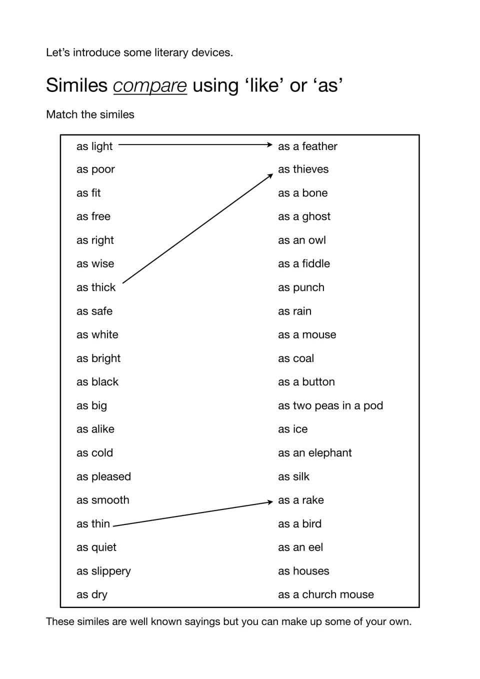 Similes with like or as: students match 20 openings such as as light and as wise to endings to complete each saying