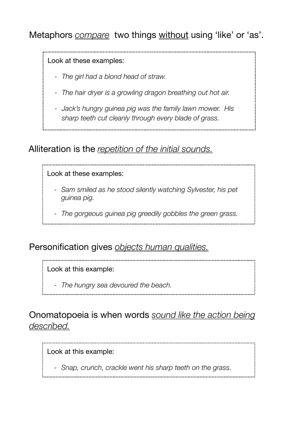Literary devices defined: metaphor, alliteration, personification and onomatopoeia, each with guinea pig example sentences