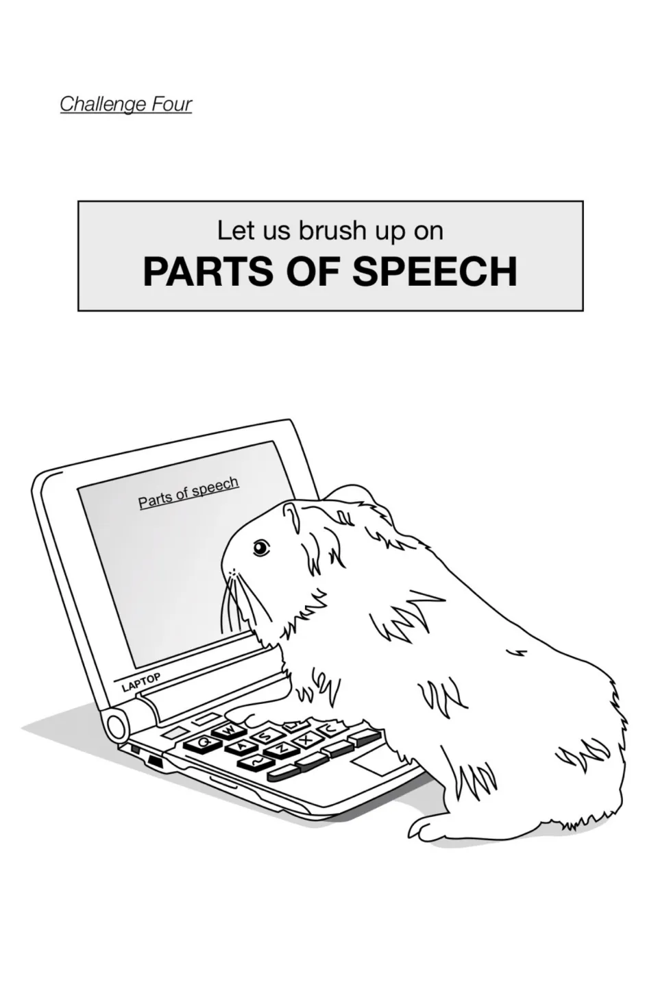 Challenge Four introduction to the grammar exercises, headed 'Let us brush up on PARTS OF SPEECH'