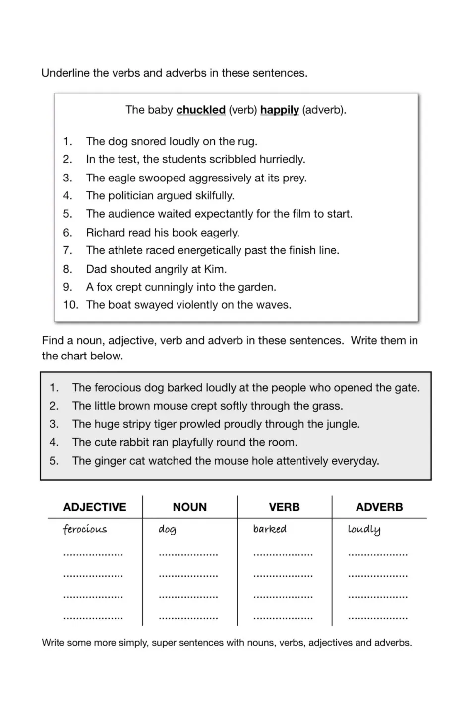 Grammar practice identifying verbs and adverbs in 10 sentences, then sorting four parts of speech in five