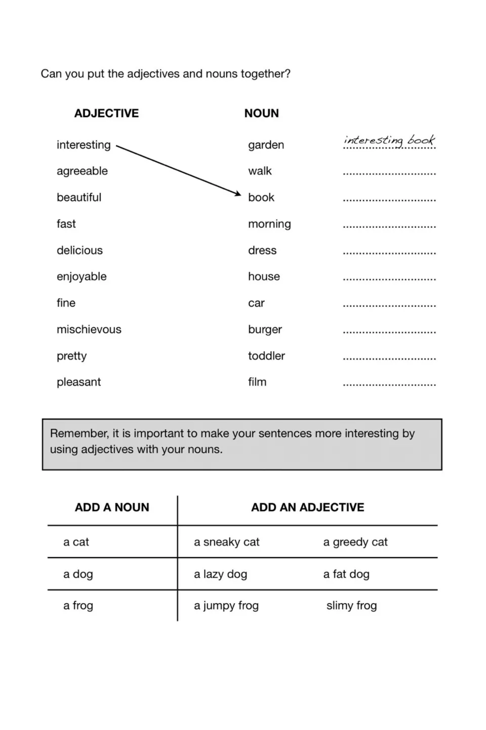 Adjective and noun matching practice with 10 pairs, including 'interesting book,' plus cat, dog, and frog examples