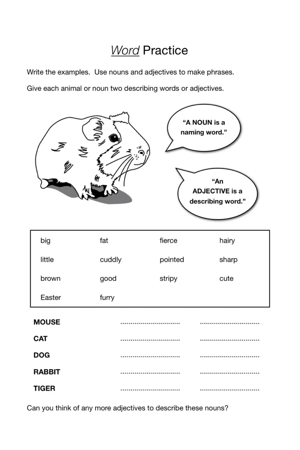 Word Practice exercise asks for two adjectives each to describe a mouse, cat, dog, rabbit, and tiger