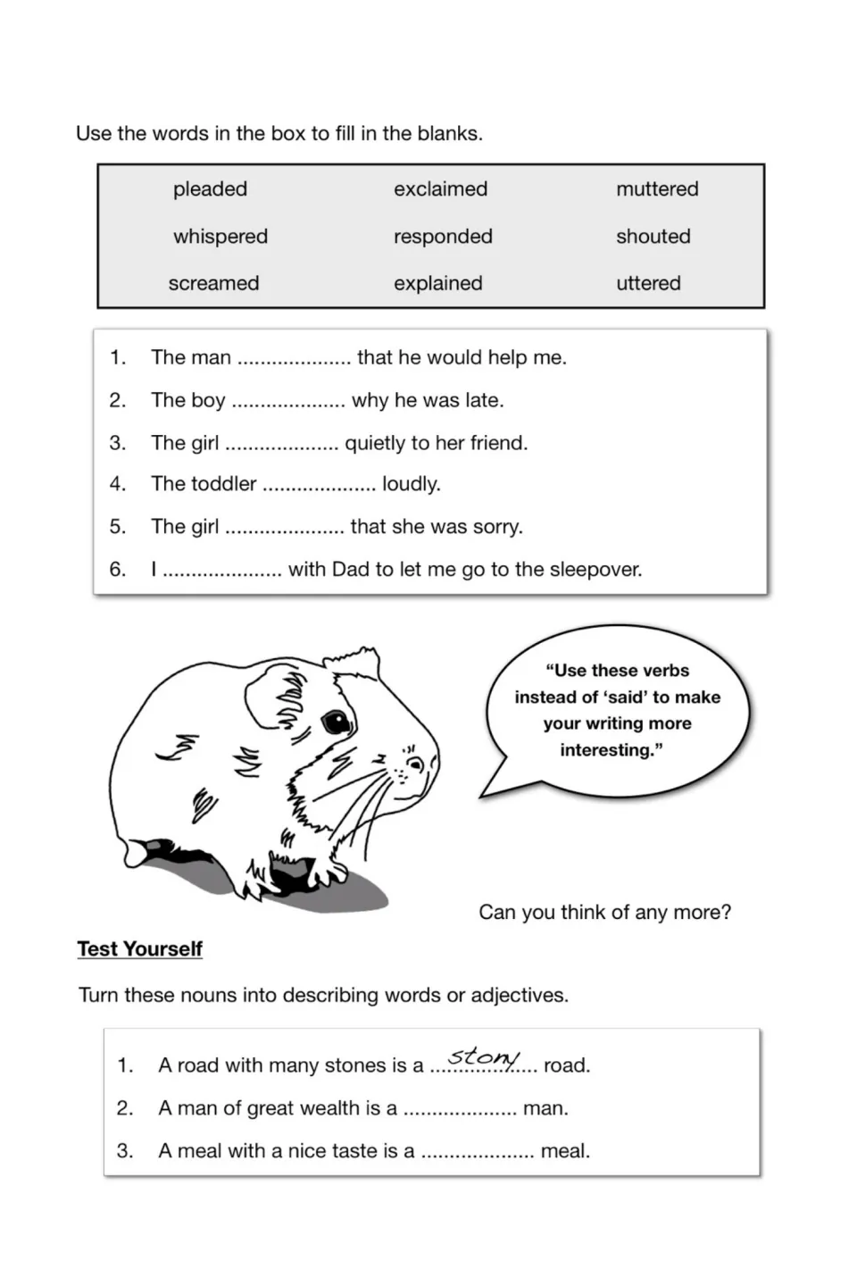 Word choice practice fills six blanks with alternatives to 'said,' then turns nouns into adjectives in three items