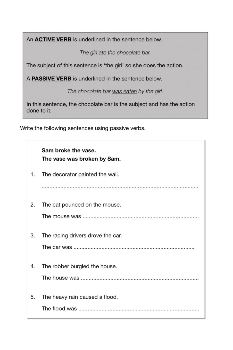 Active and passive voice lesson models 'The vase was broken by Sam' before five sentence rewriting exercises
