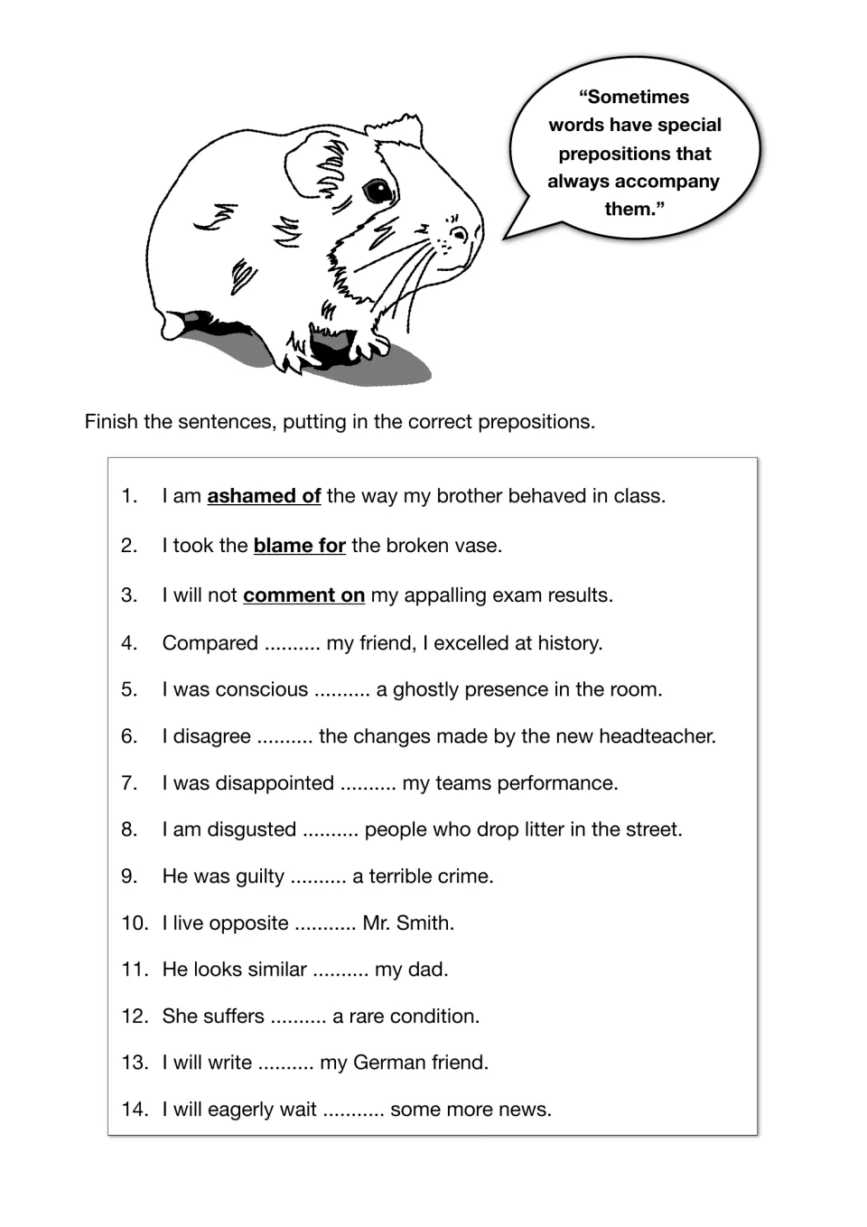 Fixed prepositions: after three bolded examples like ashamed of, students add the preposition to 11 more sentences