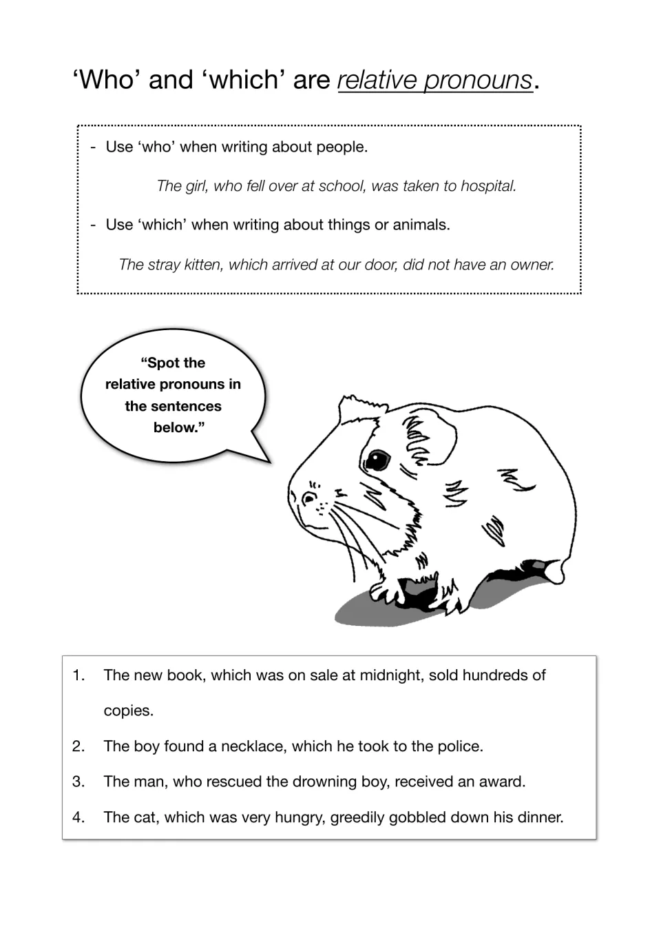Relative pronouns who and which: students spot the relative pronoun in four sentences after rules for people versus things