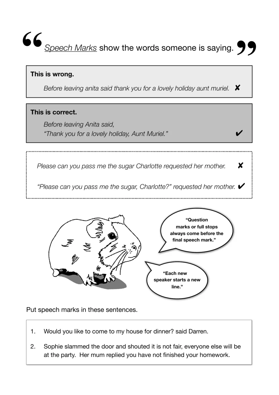 Speech marks rules with wrong and correct examples, then students punctuate two sentences of dialogue