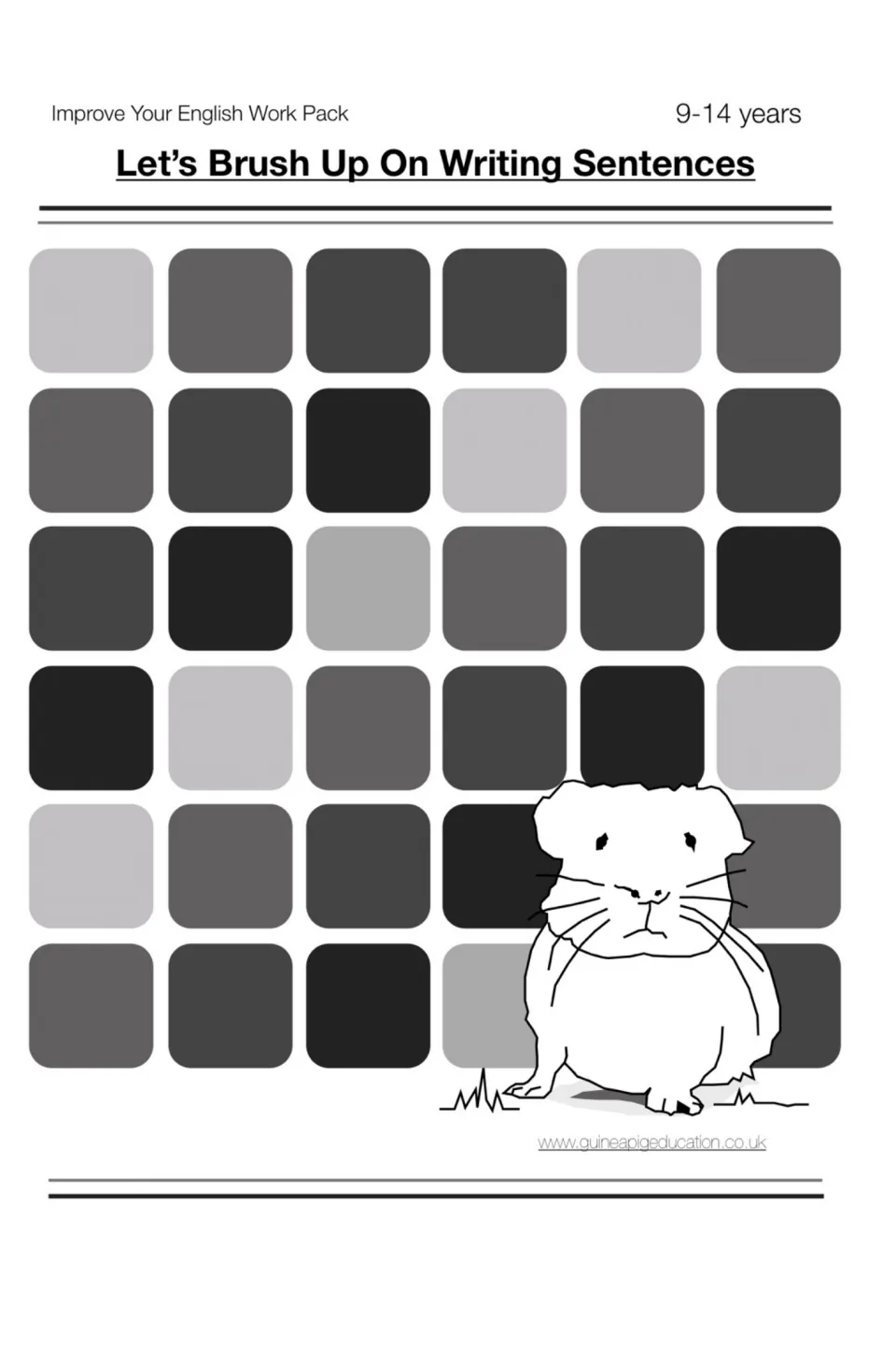 Cover of Let's Brush Up On Writing Sentences, an Improve Your English Work Pack for 9-14 years, with a guinea pig drawing
