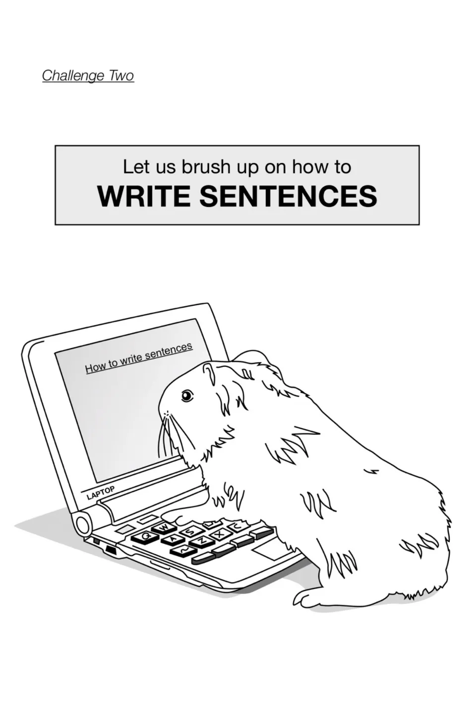 Challenge Two title page: 'Let us brush up on how to write sentences' above a guinea pig typing on a laptop