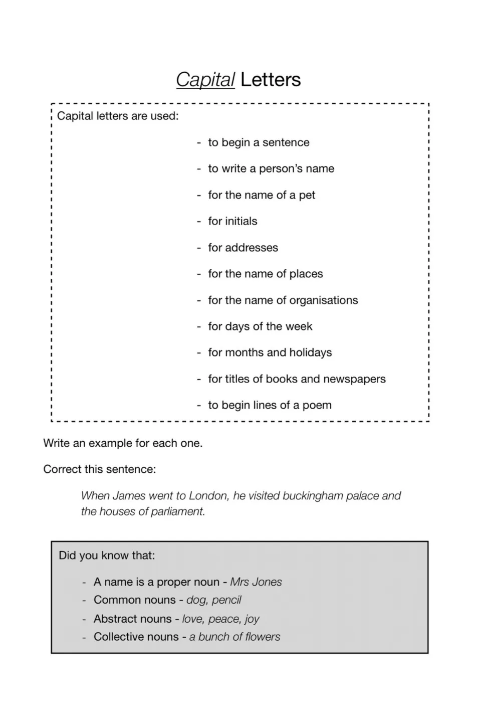 Capital letters: 11 rules for when to use them; students write an example of each and correct a sentence about London