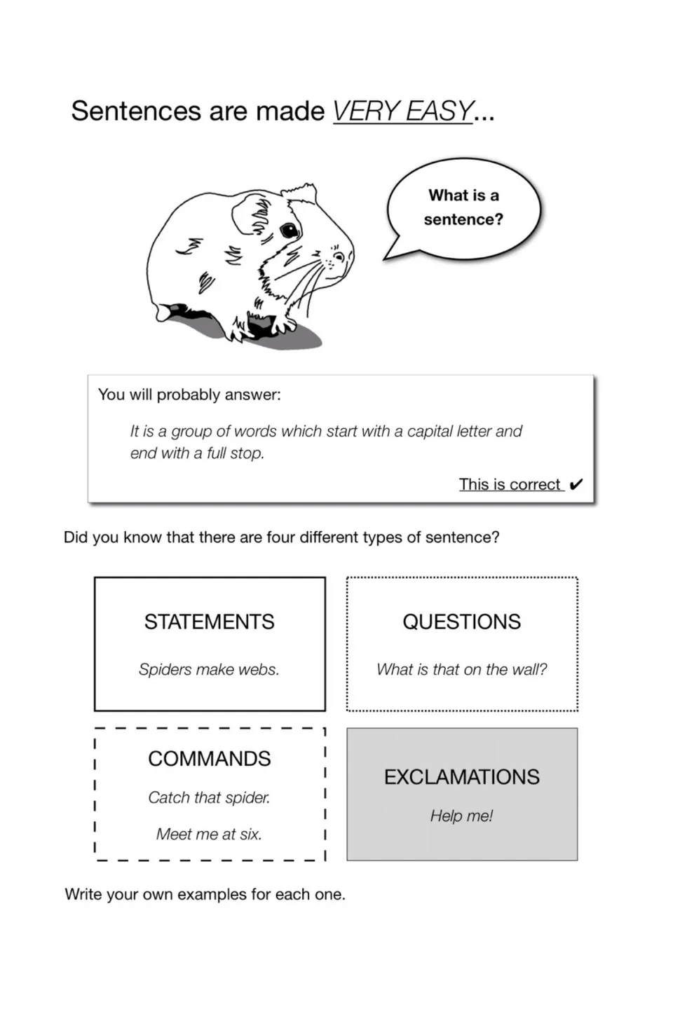 What is a sentence: statements, questions, commands and exclamations with examples; students write their own of each type