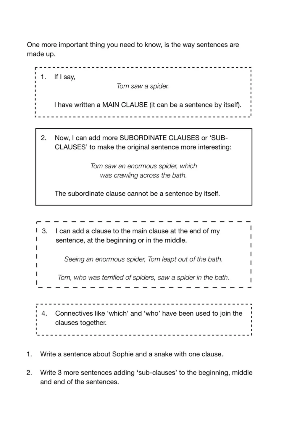Main and subordinate clauses with connectives which and who; students write a sentence about Sophie and add sub-clauses