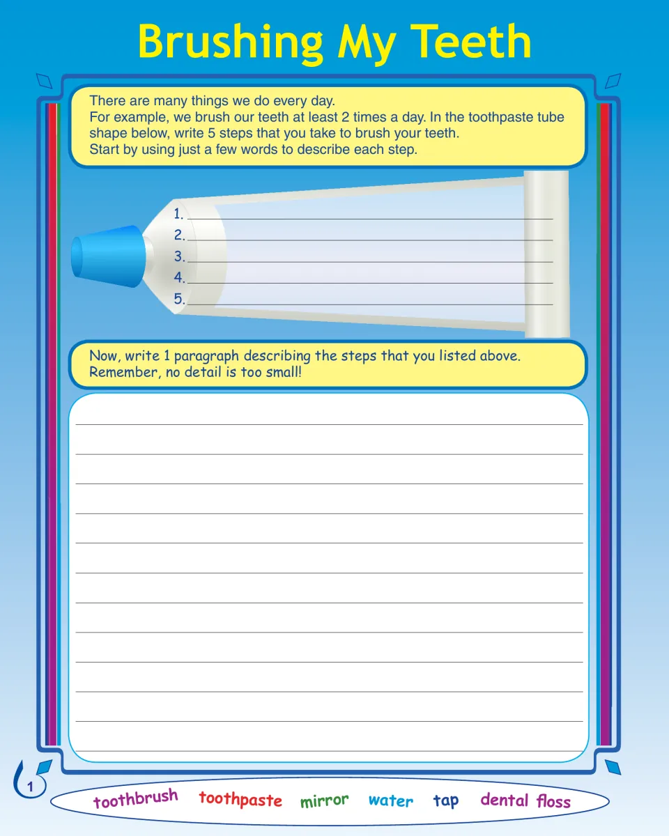 Tooth-brushing steps: students list 5 steps in a toothpaste tube organizer, then write a procedural paragraph