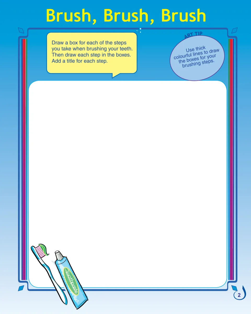 Brush, Brush, Brush, colourful-spelling copy: students sketch and title each brushing step in boxes they draw