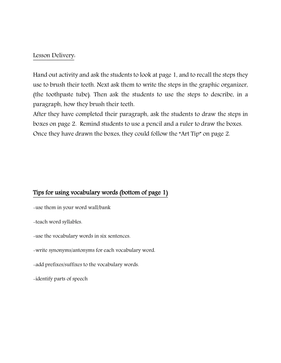 Lesson delivery steps for the writing and drawing pages, plus six tips for using the tooth-care vocabulary words