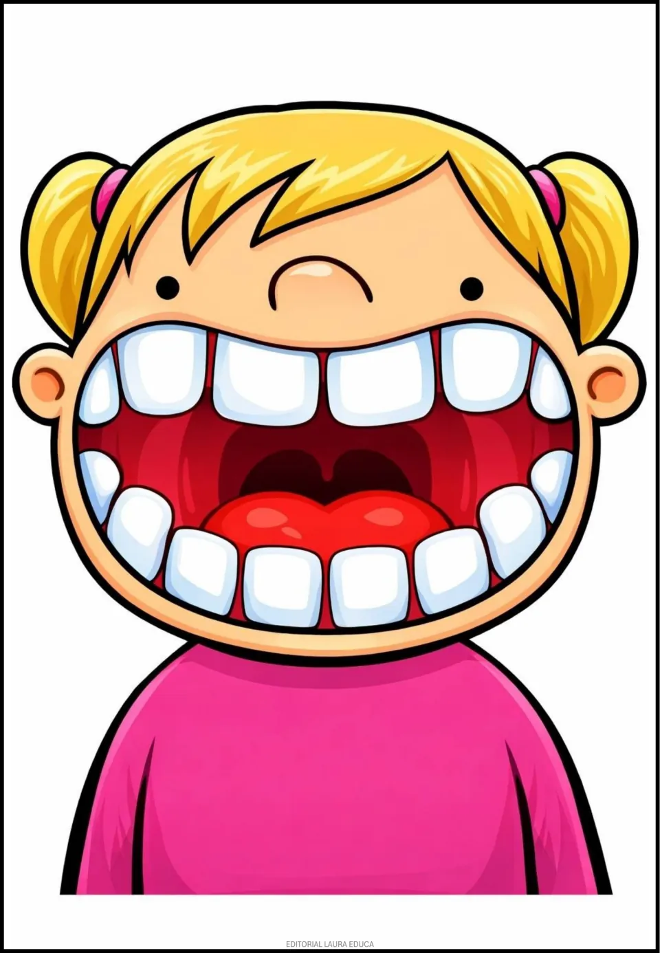 Girl drawing for the toothbrushing activity, showing an open mouth with upper and lower teeth and a tongue.