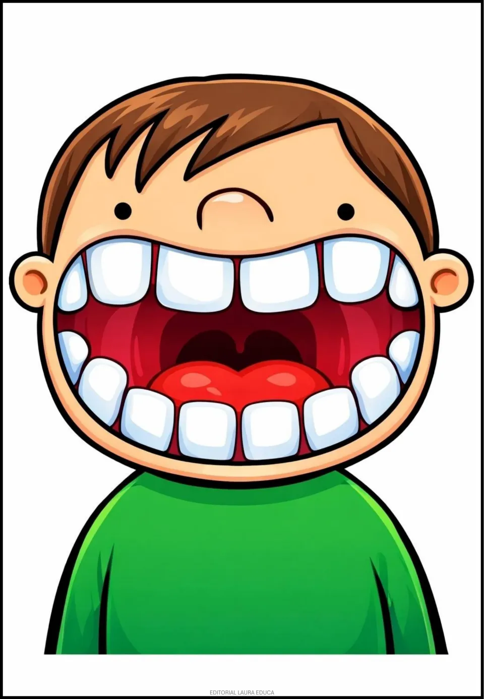 Boy drawing for the toothbrushing activity, showing an open mouth with upper and lower teeth and a tongue.